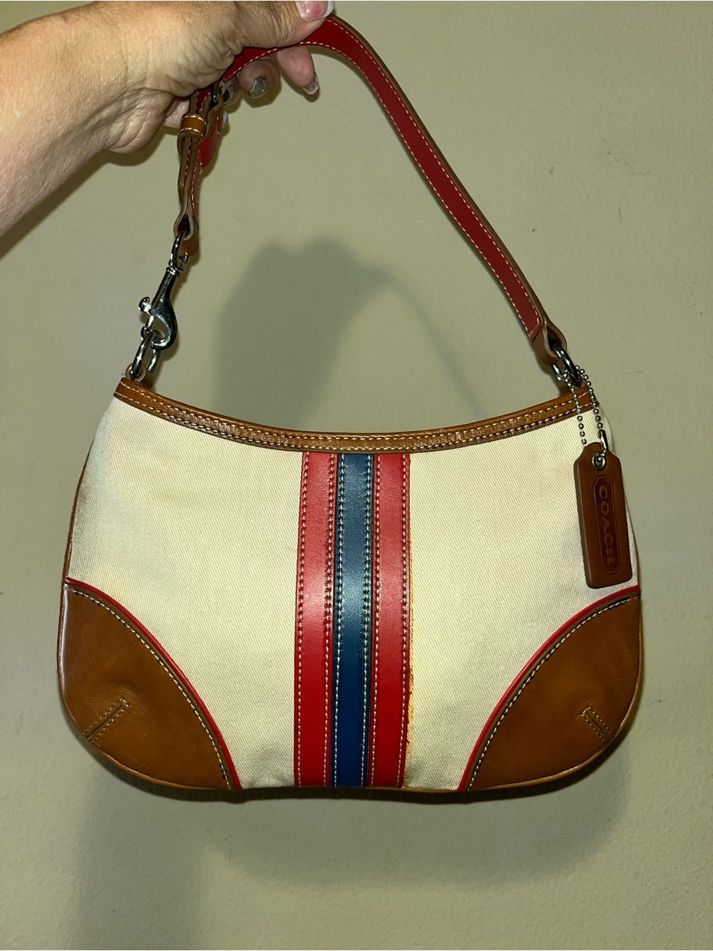 Vintage Coach Varsity Stripe Demi Hobo 6037 Y2K Canvas Leather Red Blue Bag